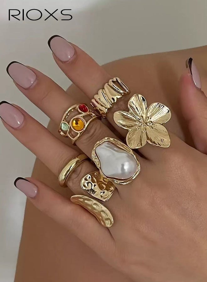 RIOXS Women's Gold Ring Set of Five, Baroque-inspired Open-Back Adjustable Bands, Set with Cultured Pearls and Crystal Gemstones, Crafted Exclusively for Ladies, Floral Openwork Bohemian Ring Set with Natural Textured Bands, Perfect for Evening Parties and Artistic Layered Looks - Image 1